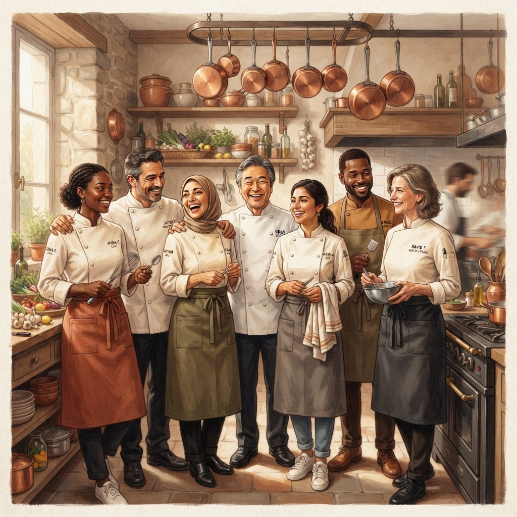 A warm, diverse group of personal chefs of varied ages standing together in a sunlit kitchen